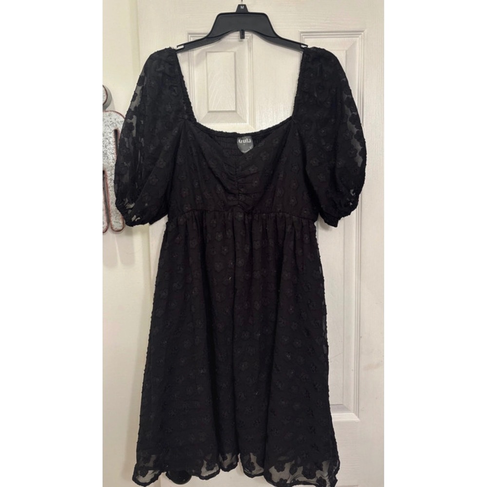 Arula Black Floral Clip Dot Puff Sleeve Smocked Mini Dress Womens Size A(14/16)